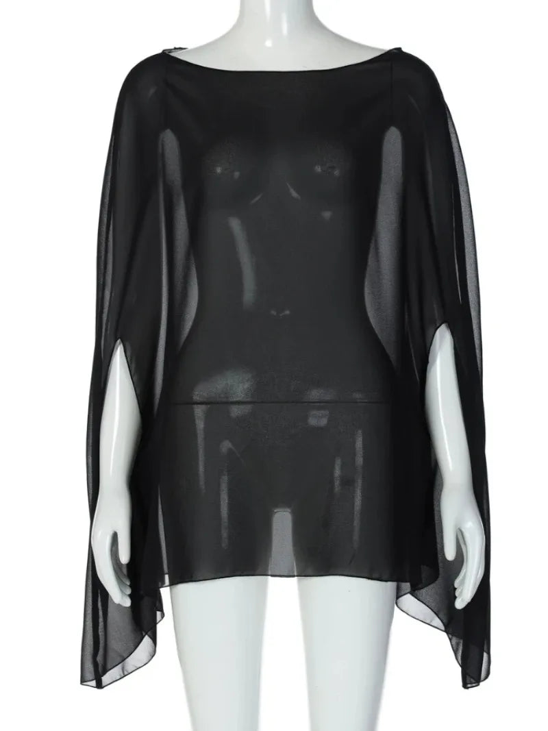 Women’s Sheer Chiffon Blouse – Elegant Long Sleeve Top