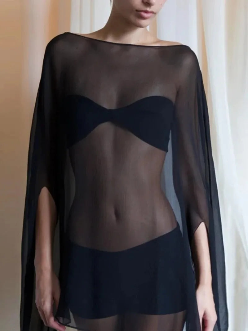 Women’s Sheer Chiffon Blouse – Elegant Long Sleeve Top
