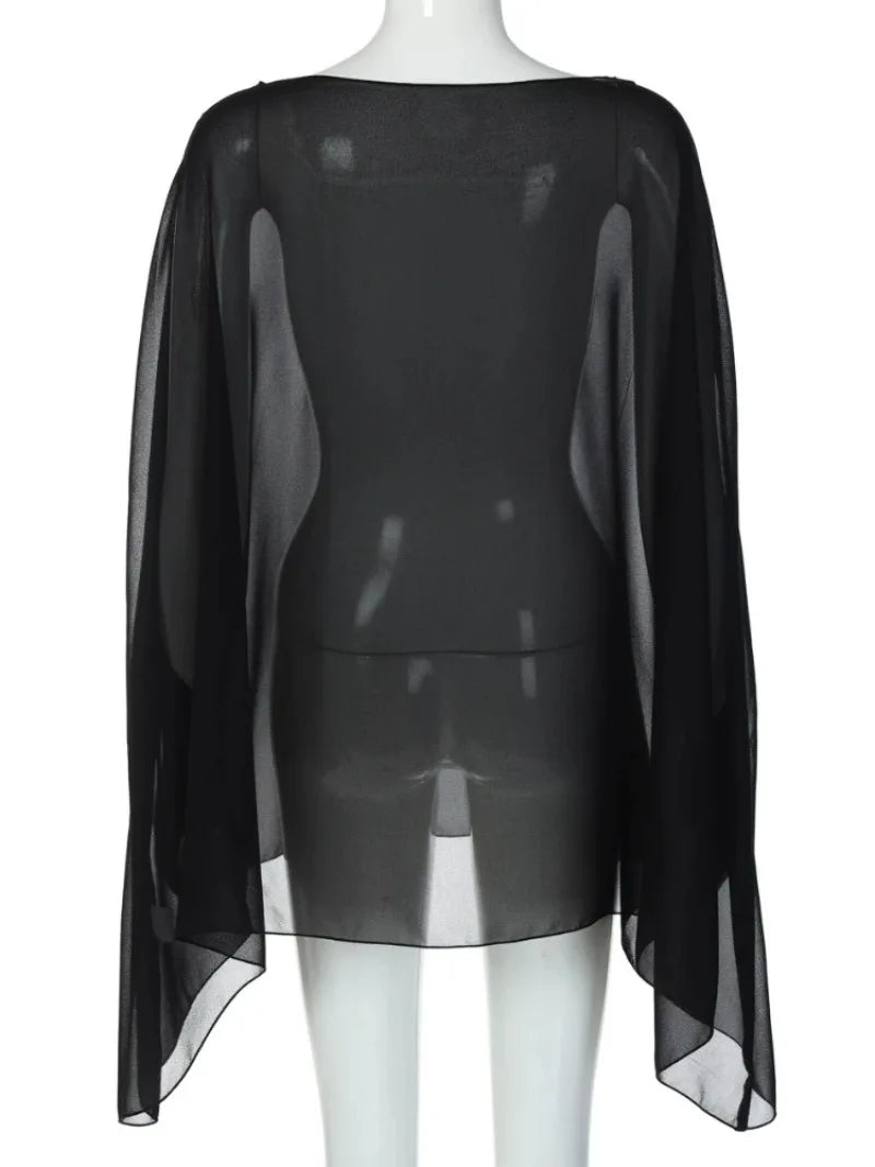 Women’s Sheer Chiffon Blouse – Elegant Long Sleeve Top